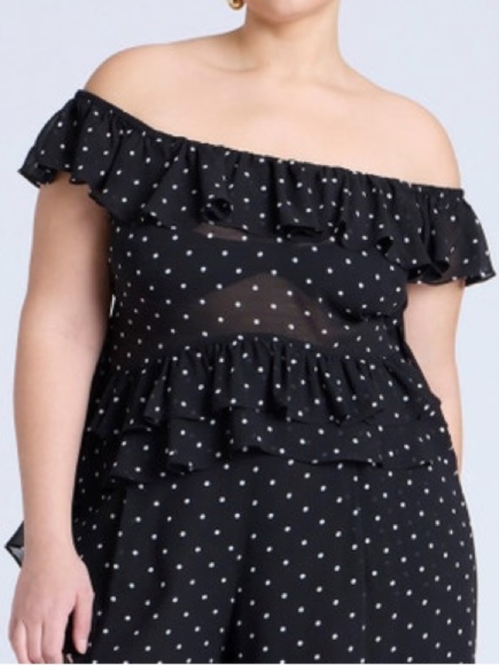 Eloquii Black & White Polka Dot Off-Shoulder Ruffle Layered Flounce Top Size 24